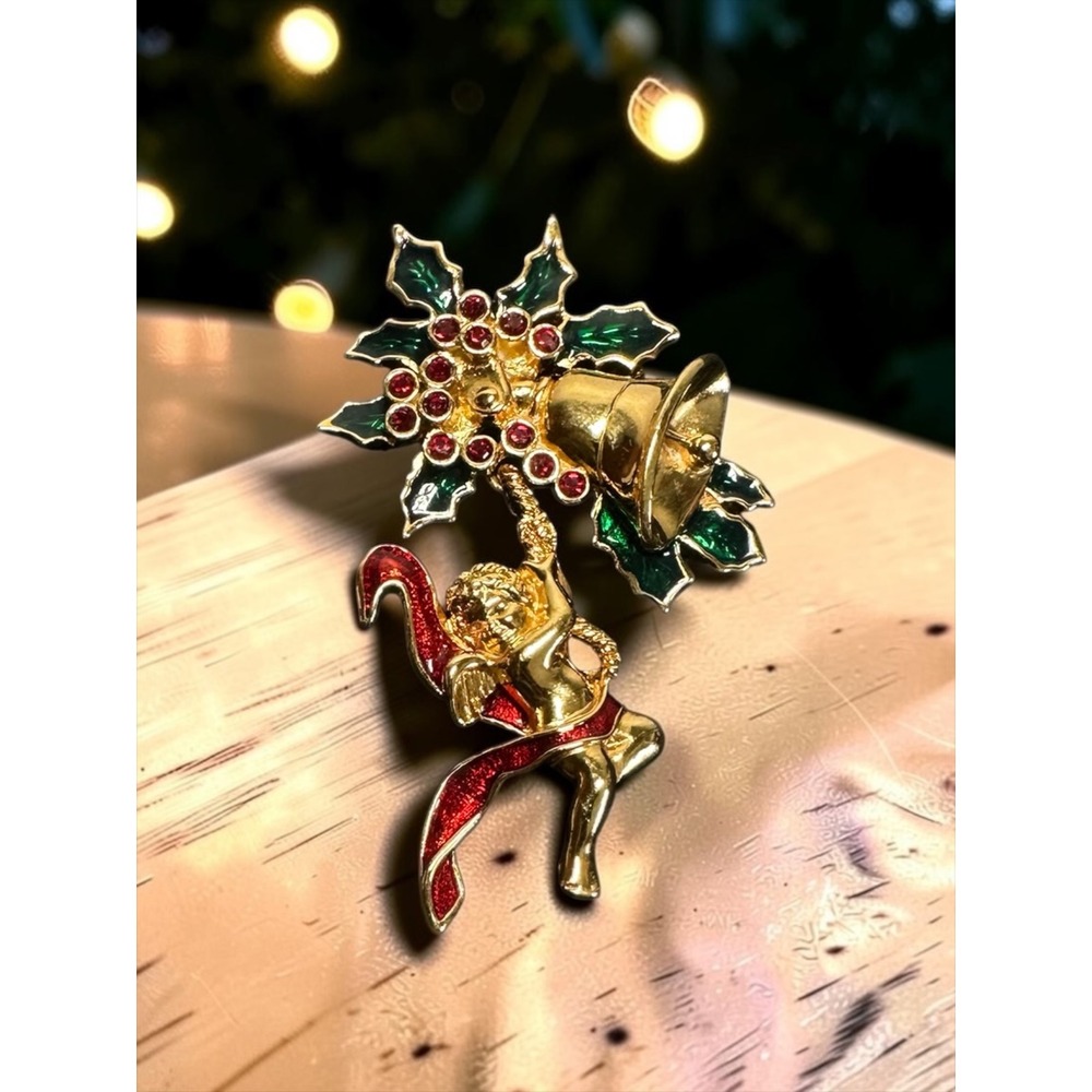 Avon Smithsonian Brooch Gold Tone Christmas Angel Cherub Bell Enamel